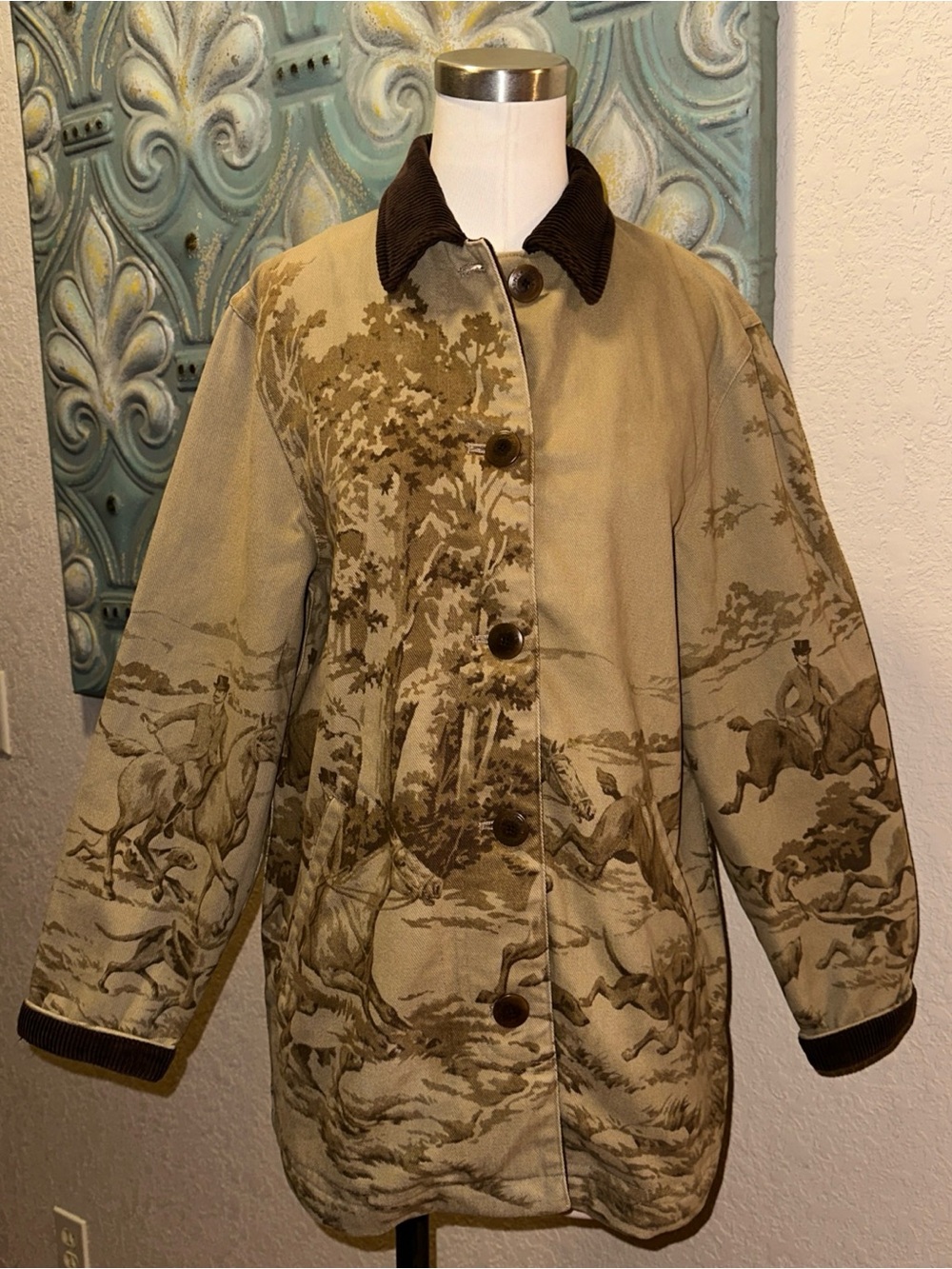 Vintage Ralph Lauren Size S Equestrian Hunt Scene Barn Coat Corduroy Collar 90s